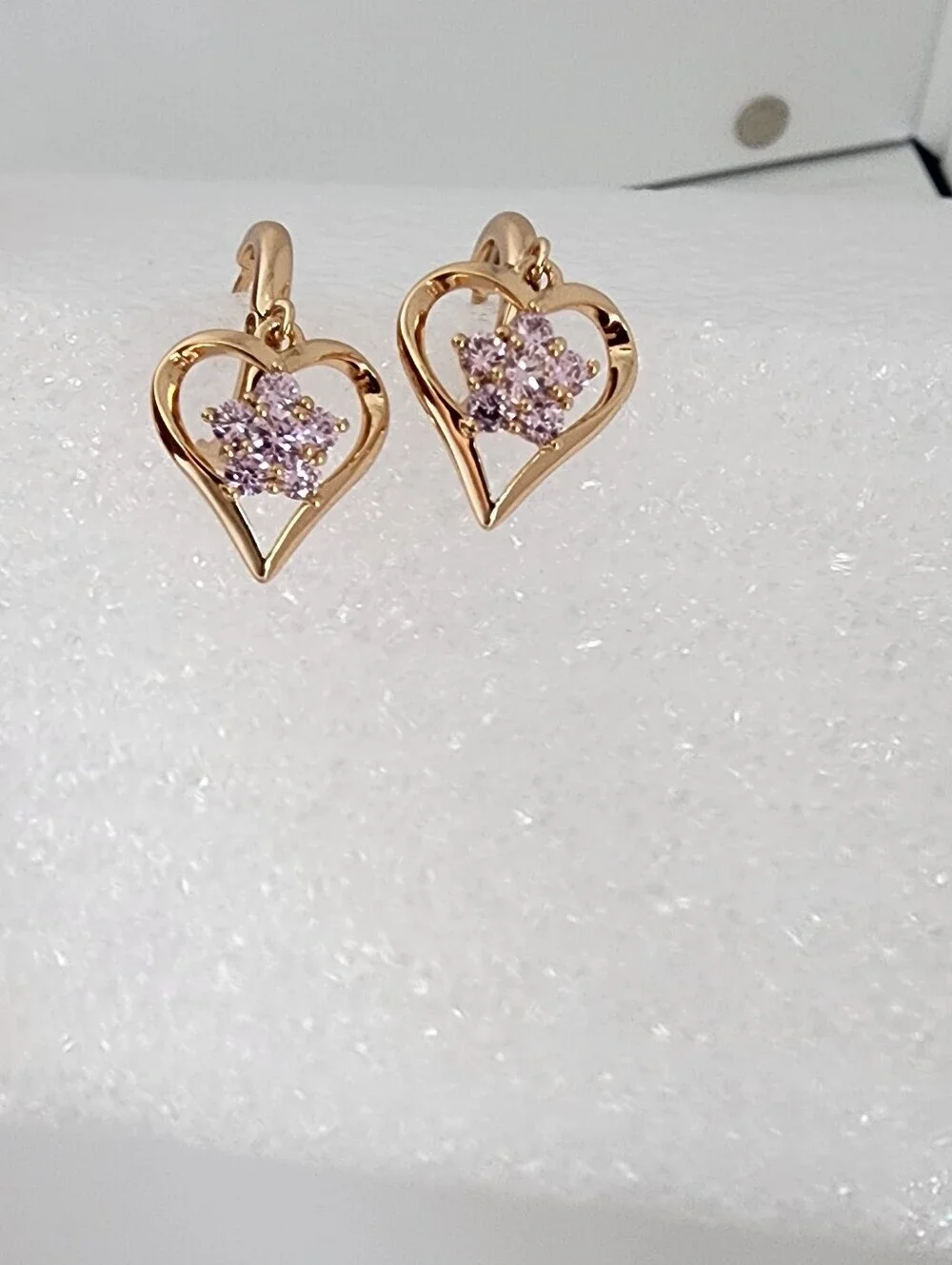 Rose Gold Plated Heart Drop Earrings Pink CZ Crystal Dangle Hoops